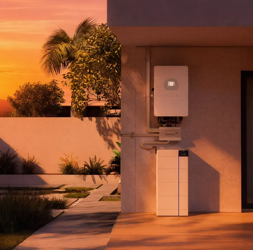 A home battery and inverter mounted on the exterior wall of a Cyprus house at sunset.