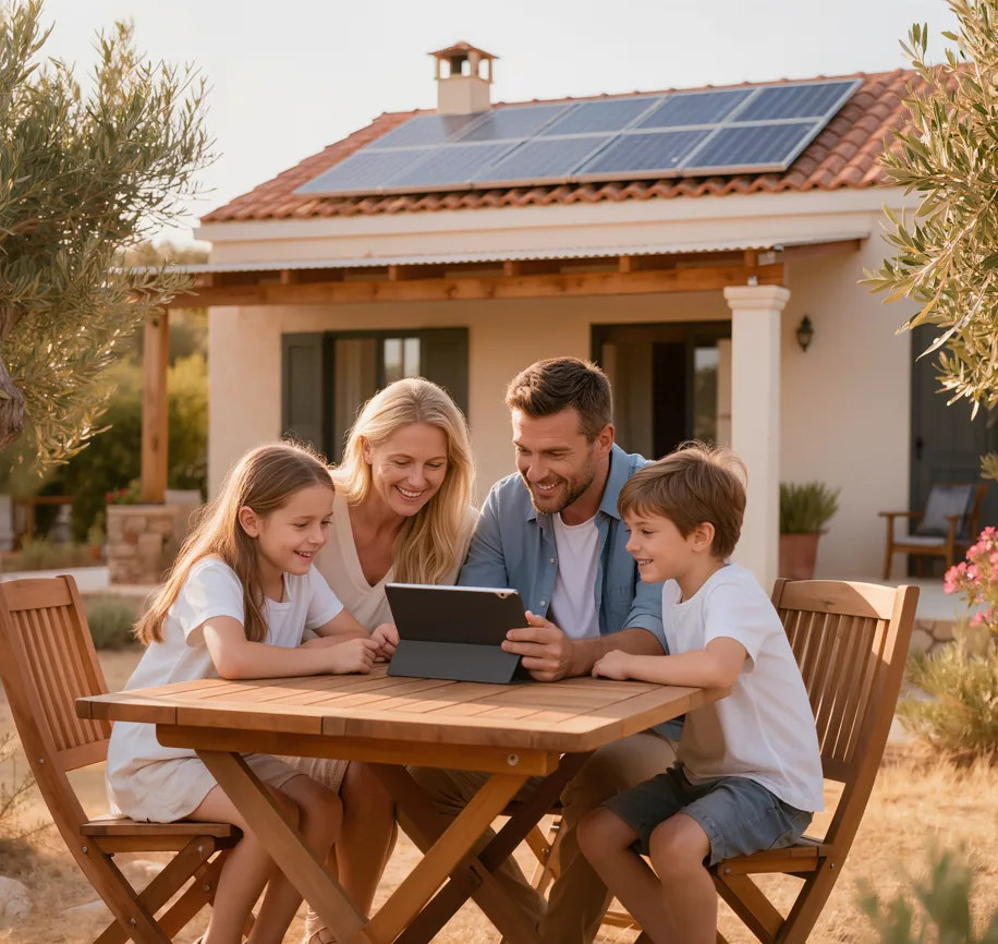 A family going through their solar proposal on a tablet at a garden table, their house with rooftop panels behind them in late-afternoon light.