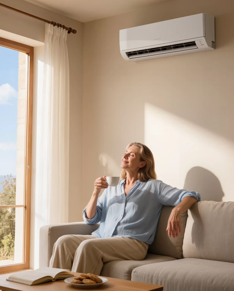 A woman resting on a sofa with a cup of coffee in a sunlit living room, a wall-mounted air conditioning unit running above her.